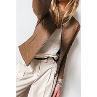 Chestnut Solid Faux Leather Zipper Slim Fit Bomber Jacket - L thumbnail