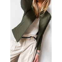Sage Green Solid Faux Leather Zipper Slim Fit Bomber Jacket - L thumbnail