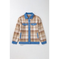 Light French Beige Plaid Patchwork Flap Detail Button Up Shacket - L thumbnail