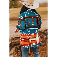 Sky Blue Aztec Printed Lapel Bell Sleeve Jacket - M thumbnail