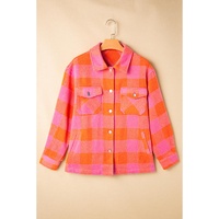 Orange Plaid Chest Pockets Button-up Turn Down Collar Jacket - L thumbnail