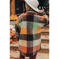 Orange Plaid Print Flap Pocket Long Jacket - S thumbnail