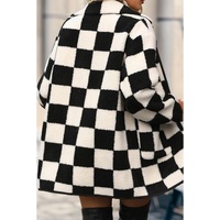 Black Checkered Side Pockets Collared Buttoned Fleece Jacket - 2XL thumbnail