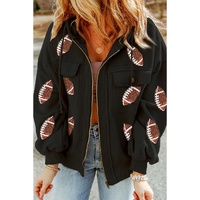Black Sequined Rugby Football Pattern Pocketed Zipper Hooded Jacket - L thumbnail