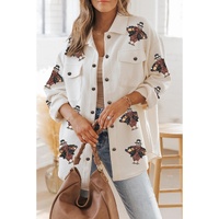 Beige Sequin Turkey Patched Graphic Flap Pocket Textured Shacket - XL thumbnail