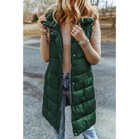 Green Hooded Long Quilted Vest Coat - M thumbnail