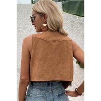 Camel Fringed Snap Button Front Suedette Vest - XL thumbnail