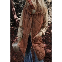 Coffee Longline Quilted Stand Collar Puffer Vest - M thumbnail