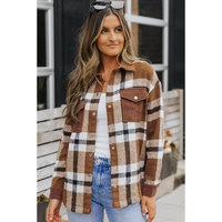 Brown Pocketed Buttoned Plaid Shirt Jacket - L thumbnail