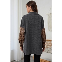 Gray Color Block Leopard Patched Corduroy Shacket - S thumbnail