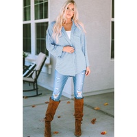 Sky Blue Roll Tab Sleeve Ribbed Cording Shacket - S thumbnail