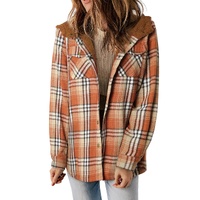 Orange Plaid Pattern Sherpa Lined Hooded Shacket - M thumbnail