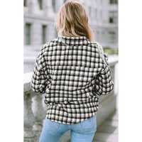 Black Plaid Print Chest Pockets Buttoned Tunic Shacket - L thumbnail
