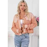 Orange Textured Waffle Knit Chest Pockets Cropped Shacket - M thumbnail