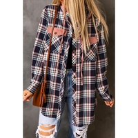 Pink Contrast Hooded Drawstring Plaid Shacket - M thumbnail