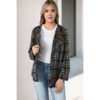 Contrast Hooded Drawstring Plaid Shacket - M thumbnail