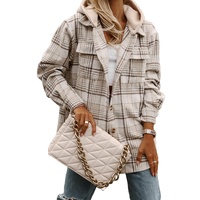 Khaki Plaid Removable Hood Buttoned Shacket - L thumbnail
