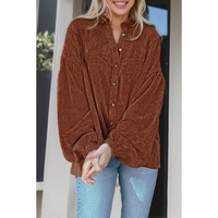 Coffee Textured Corduroy Puff Sleeve Shacket - L thumbnail