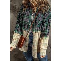 Blackish Green Contrast Plaid Patchwork Chest Pocket Button up Shacket - L thumbnail