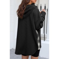 Black Waffle Knit Plaid Patchwork Drawstring Hooded Shacket - L thumbnail