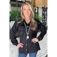 Black Sequin Patch Chest Pocket Corded Shacket - L thumbnail