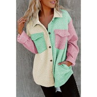 Green Color Block Patchwork Flap Pocket Quilted Shacket - M thumbnail
