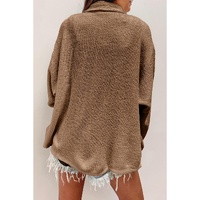Dark Khaki Solid Color Corduroy Buttoned Long Sleeve Shacket - S thumbnail