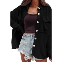 Black Solid Color Corduroy Buttoned Long Sleeve Shacket - S thumbnail
