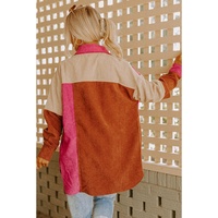 Rose Red Colorblock Curved Hem Corduroy Shacket with Pocket - S thumbnail
