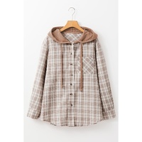 Khaki Checkered Print Loose Fit Buttoned Hooded Shacket - M thumbnail