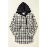 Black Checkered Print Loose Fit Buttoned Hooded Shacket - M thumbnail