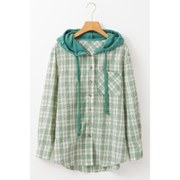 Green Checkered Print Loose Fit Buttoned Hooded Shacket - M thumbnail