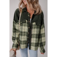 Blackish Green Snap Buttons Colorblock Plaid Shacket - L thumbnail