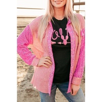 Apricot Pink Mineral Wash Sequin Patchwork Flap Pocket Shacket - S thumbnail