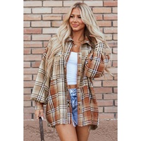 Khaki Plaid Colorblock Patchwork High Low Shacket - L thumbnail