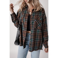 Brown Plaid Print Chest Pockets Buttoned Shirt Jacket - M thumbnail