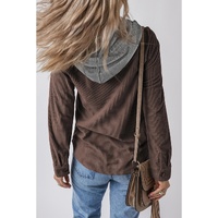 Coffee Hooded Drawstring Pockets Corduroy Shacket - L thumbnail