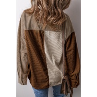 Brown Color Block Chest Pockets Buttoned Corduroy Shacket - L thumbnail