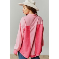 Peach Blossom Two Tone Contrast Waffle Knit Buttoned Loose Shacket - L thumbnail