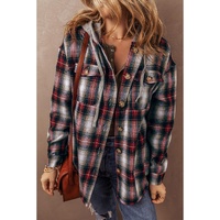 Red Plaid Print Chest Pocket Buttoned Hooded Shacket - M thumbnail