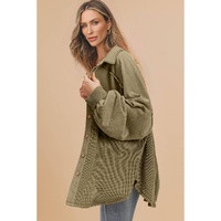 Moss Green Waffle Knit Patchwork Buttoned Oversized Shacket - L thumbnail