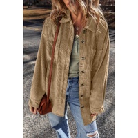 Light French Beige Patched Pocket Button Up Corduroy Shacket - S thumbnail