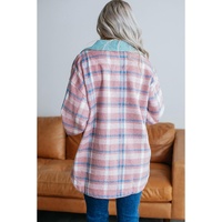 Pink Plaid Print Color Block Collared Flap Pockets Loose Shacket - M thumbnail