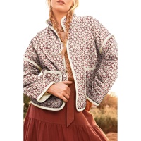 Pink Floral Print Contrast Edge Pocketed Stand Neck Jacket - M thumbnail