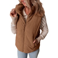 Coffee Corduroy Stand Neck Zipped Puffer Vest - L thumbnail