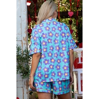 Sky Blue Cute Flower Print Contrast Trim Plus Size Short PJ Set - 1X thumbnail