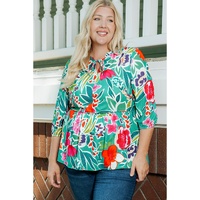 Multicolor Floral Tie Split Neck Plus Size Peplum Blouse - 2X thumbnail