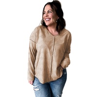 Khaki Plus Size Textured Drop Shoulder Exposed Seam Top - 1X thumbnail
