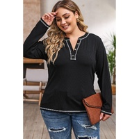 Black Plus Size Contrasting Topstitch Ribbed Henley Top - 2X thumbnail