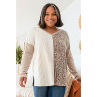 Gray Plus Size Leopard Patchwork Mix Knit Long Sleeve Top - 2X thumbnail